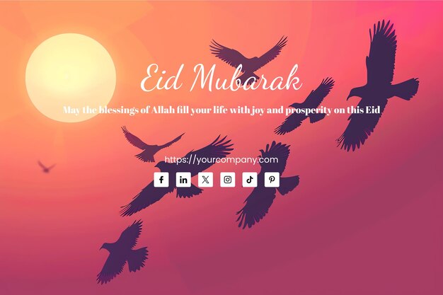 PSD vector de saludos islámicos eid mubarak tarjeta de siluetas de pájaros posados en palmeras