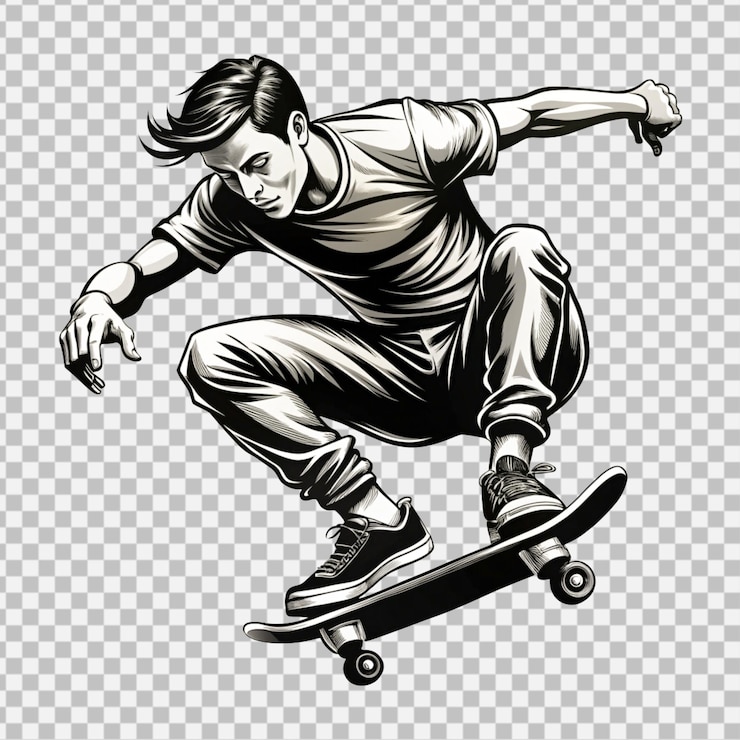 PSD vector skateboard rider t-shirt a illustrazione in bianco e nero con sfondo bianco