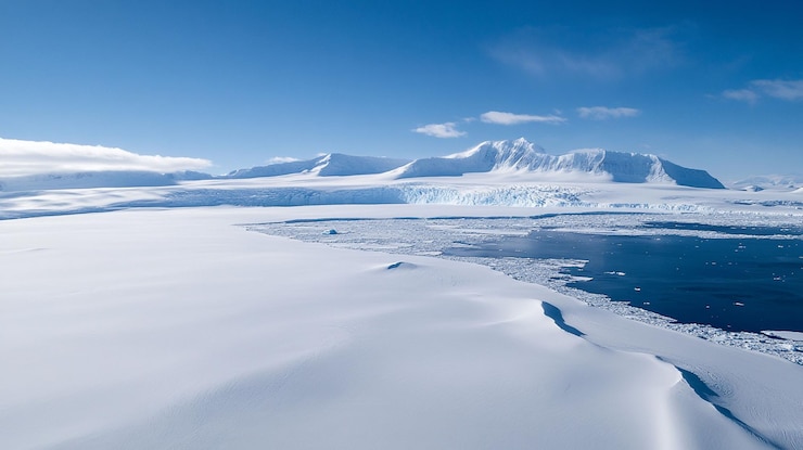 PSD veduta aerea del paesaggio antartico neve ghiaccio montagne ghiacciaio oceano