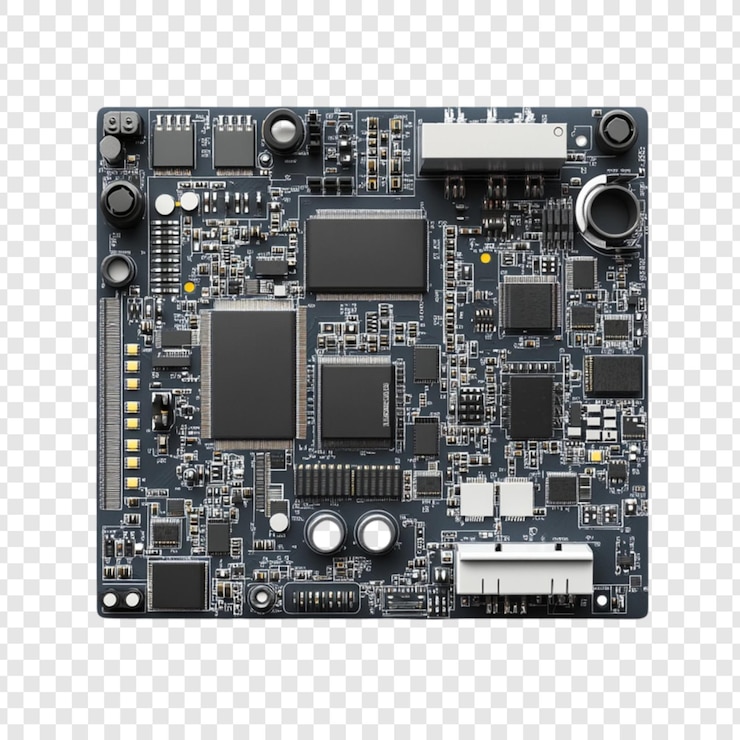 PSD veduta dettagliata di una scheda a circuiti che mostra componenti elettronici complessi e tecnologia e innovazione di circuiti complessi