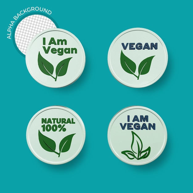 Vegane runde Symbole setzen 3d-Rendering, die veganes Lebensmittelschild mit Blättern 3d-Rendering