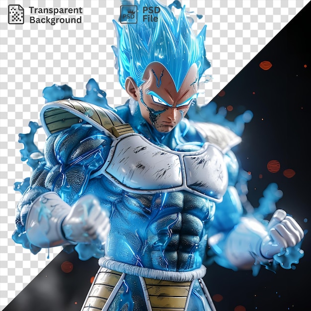 PSD vegeta de dragon ball z est en train de s'allumer dans un costume bleu avec une tête et un visage bleus et un bras bleu et blanc visible au premier plan