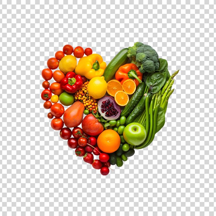 PSD vegetais e frutas misturados em forma de coração ou amor sobre um fundo transparente