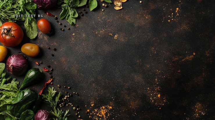 PSD vegetales frescos y especias sobre un fondo oscuro