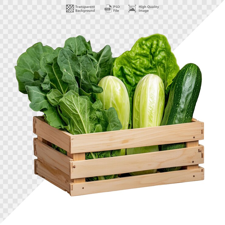 Vegetales frescos variados en cajas de madera sobre un fondo transparente