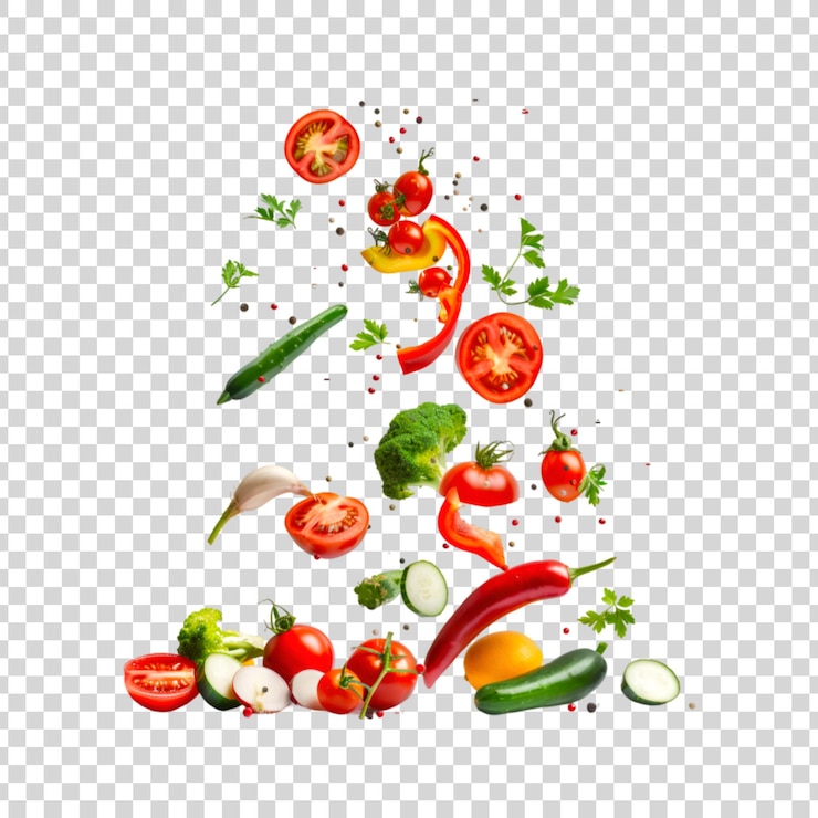 PSD vegetales frescos volando aislados sobre un fondo blanco
