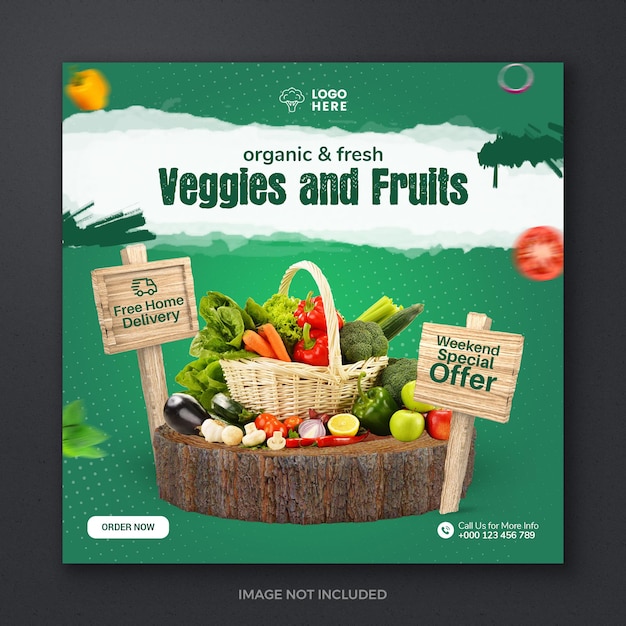 Vegetales frutas comestibles alimentos frescos orgánicos saludables promoción plantilla de banner de publicación de redes sociales