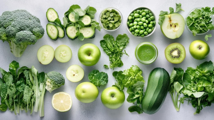 PSD vegetales y frutas verdes frescos dispuestos de manera estética