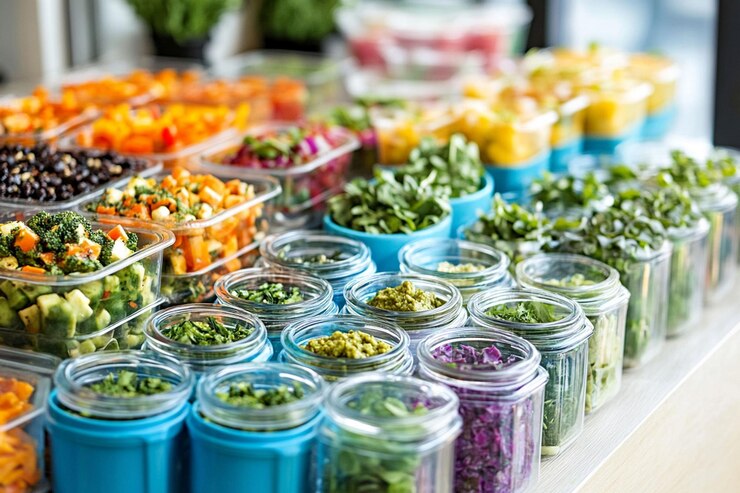 PSD vegetales y hierbas preparados de colores en recipientes para la preparación de comidas