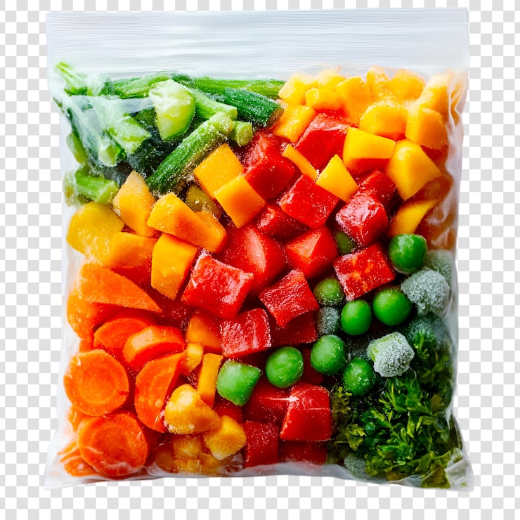 PSD vegetales mezclados congelados en una bolsa comiendo alimentos saludables de colores