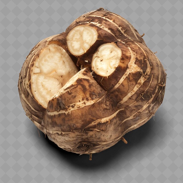 PSD vegetales de raíz de png taro de forma redonda caracterizados por sus verduras frescas aisladas de color marrón s