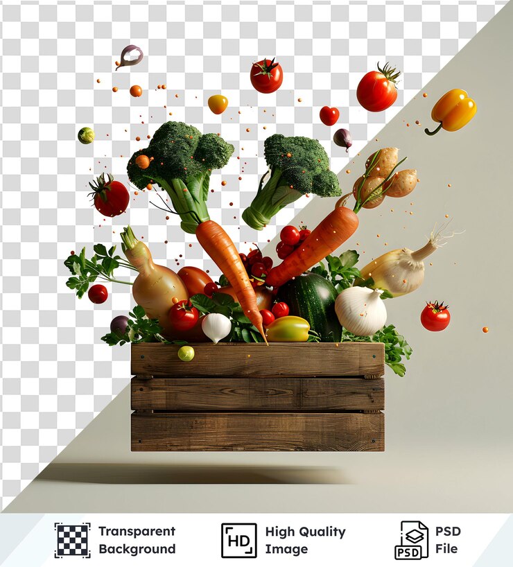 PSD vegetales vibrantes explotando en cajas de madera productos frescos y coloridos con png transparente psd a