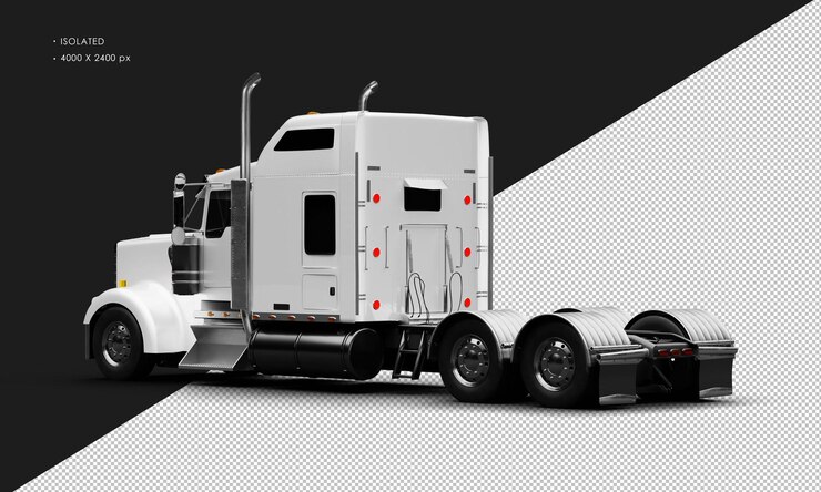 PSD véhicule semi-camion lourd métallique blanc réaliste isolé vue arrière gauche