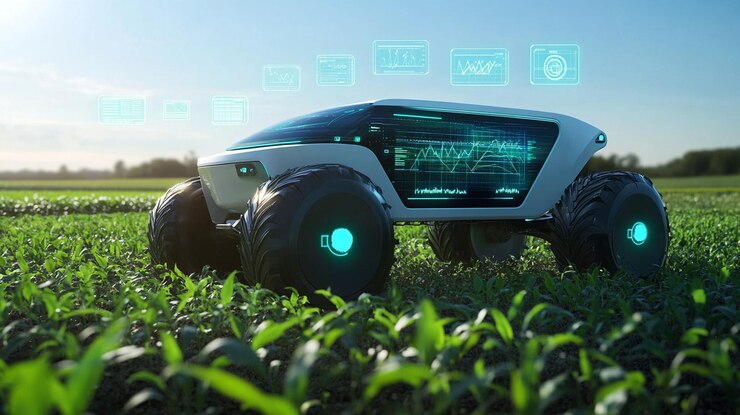 PSD vehículo autónomo en un campo que muestra datos agrícolas en pantalla