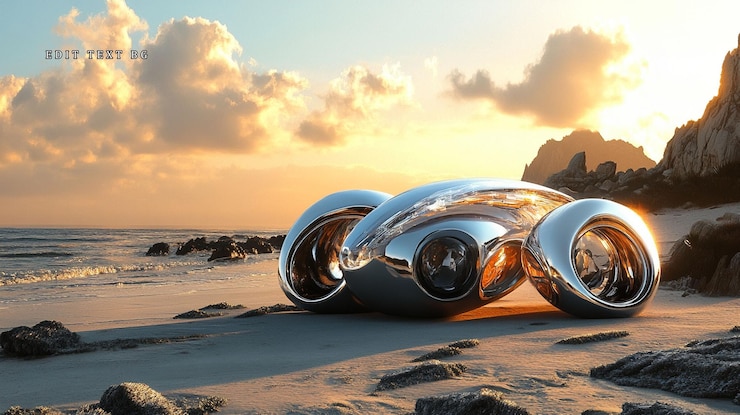 PSD vehículo cromado futurista en una playa al atardecer