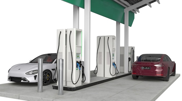 Veicoli elettrici che si caricano in una moderna stazione di ricarica