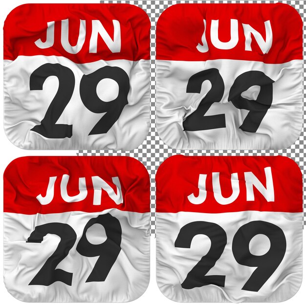 Veinte noveno 29 de junio fecha calendario icono aislado cuatro ondulación estilo bump textura 3d rendering