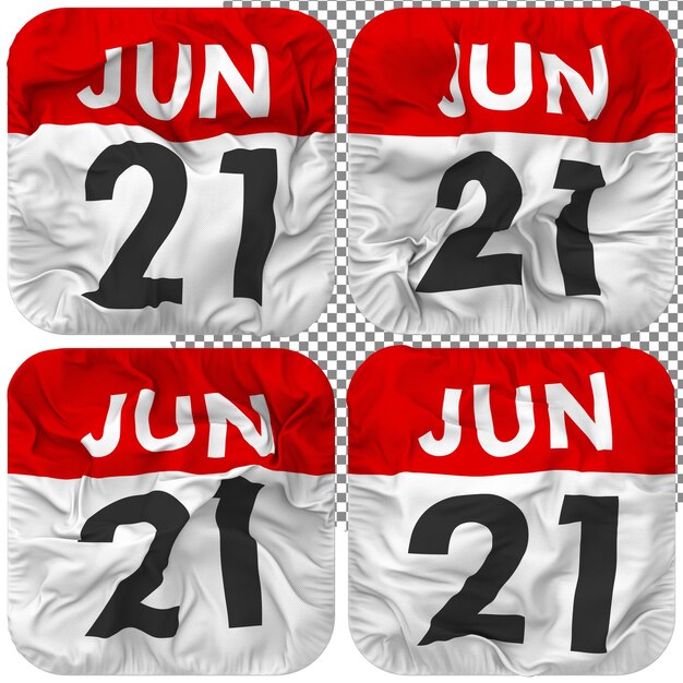 PSD veinte primero 21 de junio fecha calendario icono aislado cuatro ondulación estilo bump textura 3d rendering