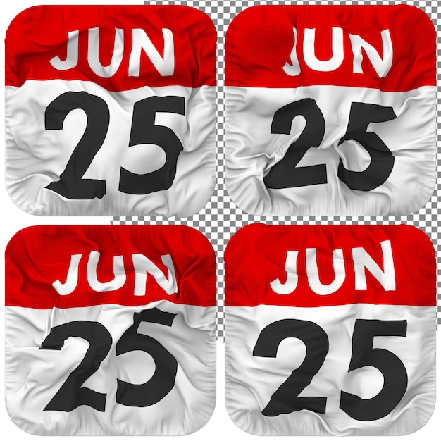 PSD veinticinco 25 de junio fecha calendario icono aislado cuatro ondulación estilo bump textura 3d rendering