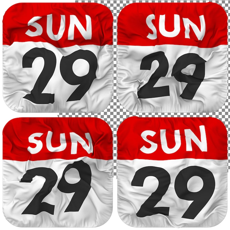 PSD veintinueve 29 domingo fecha calendario icono aislado cuatro estilo ondulado textura de protuberancia representación 3d