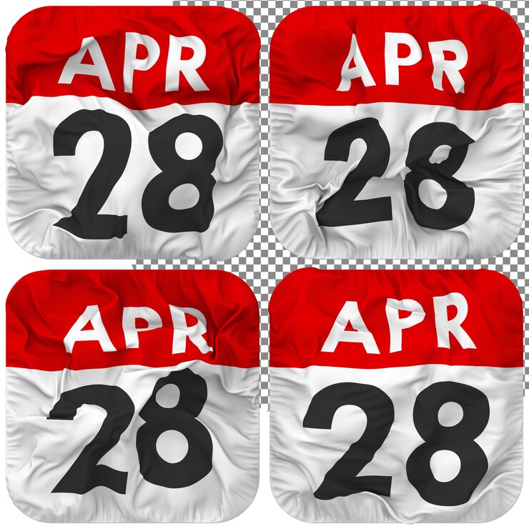 PSD veintiocho 28 de abril fecha calendario icono aislado cuatro ondulación estilo bump textura 3d rendering