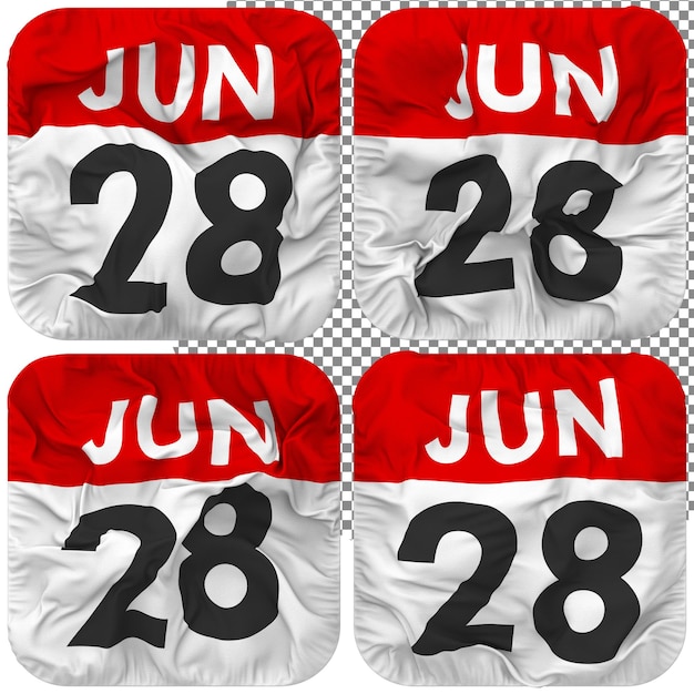 PSD veintiocho 28 de junio fecha calendario icono aislado cuatro ondulación estilo bump textura 3d rendering