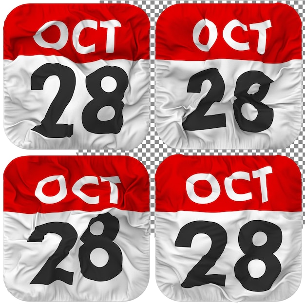 PSD veintiocho 28 de octubre fecha icono del calendario aislado cuatro estilo ondulado textura de relieve representación 3d