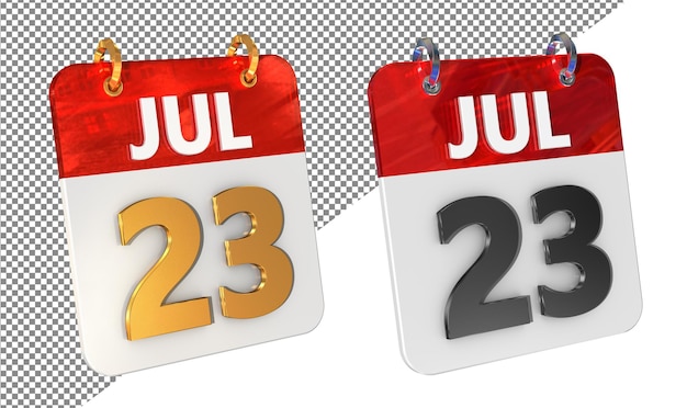 Veintitrés 23 de julio Fecha Icono 3D aislado Amplificador de oro Renderizado 3D brillante