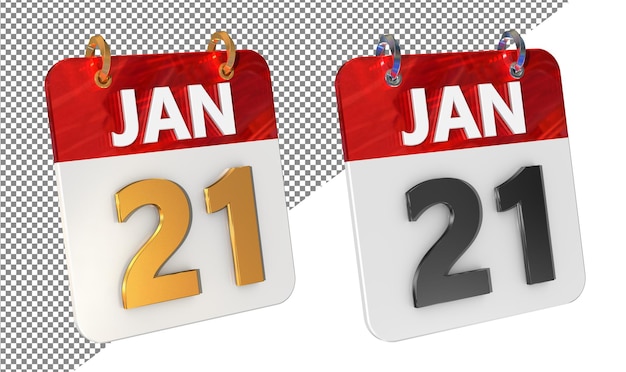 Veintiuno 21 de enero Fecha Icono 3D aislado Amplificador de oro Renderizado 3D brillante