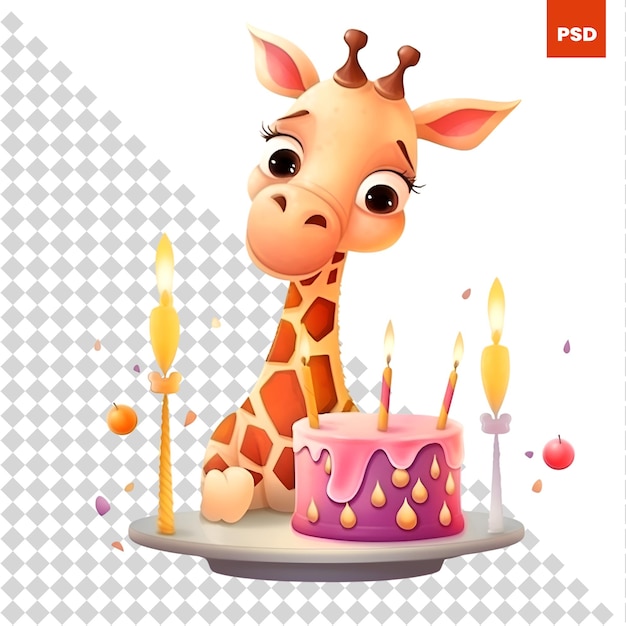 PSD vektorillustration der niedlichen giraffen-cartoon-figur mit kuchen und kerzen