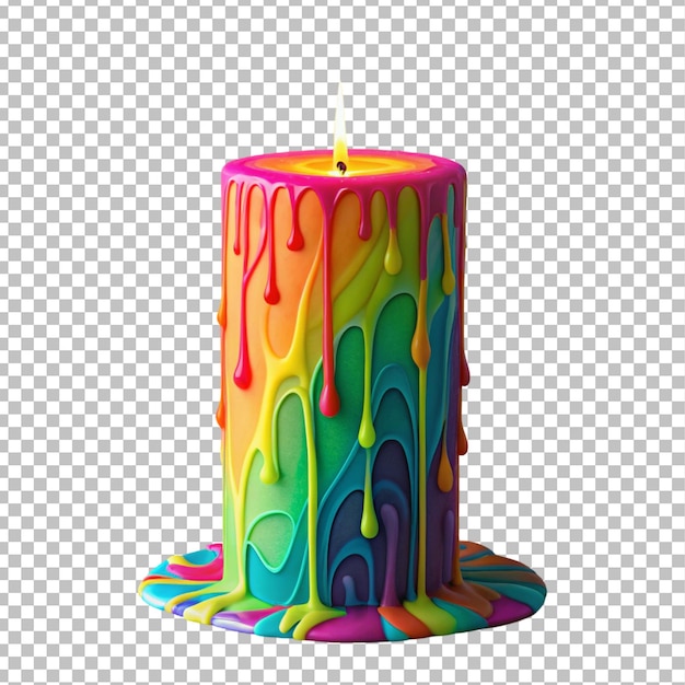 La vela del arco iris con llama goteando sobre un fondo transparente