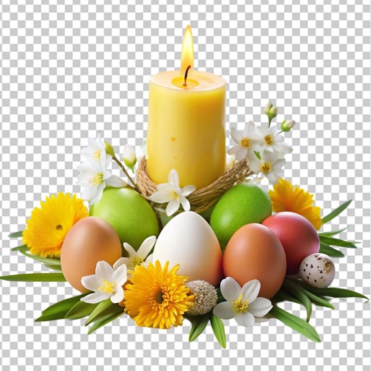 PSD vela ardiente con huevos de pascua en un fondo transparente