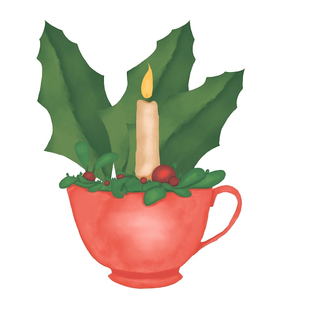Vela ardiente en una taza con hojas de muérdago y bayas con hoja de acebo ilustración acuarela