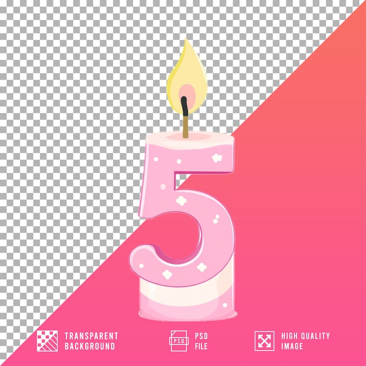 PSD vela de cumpleaños número 5 sobre un fondo transparente