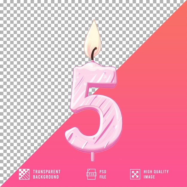 Vela de cumpleaños número 5 sobre un fondo transparente