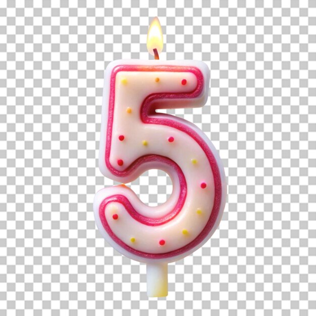 Vela de cumpleaños del número 5 sobre un fondo transparente