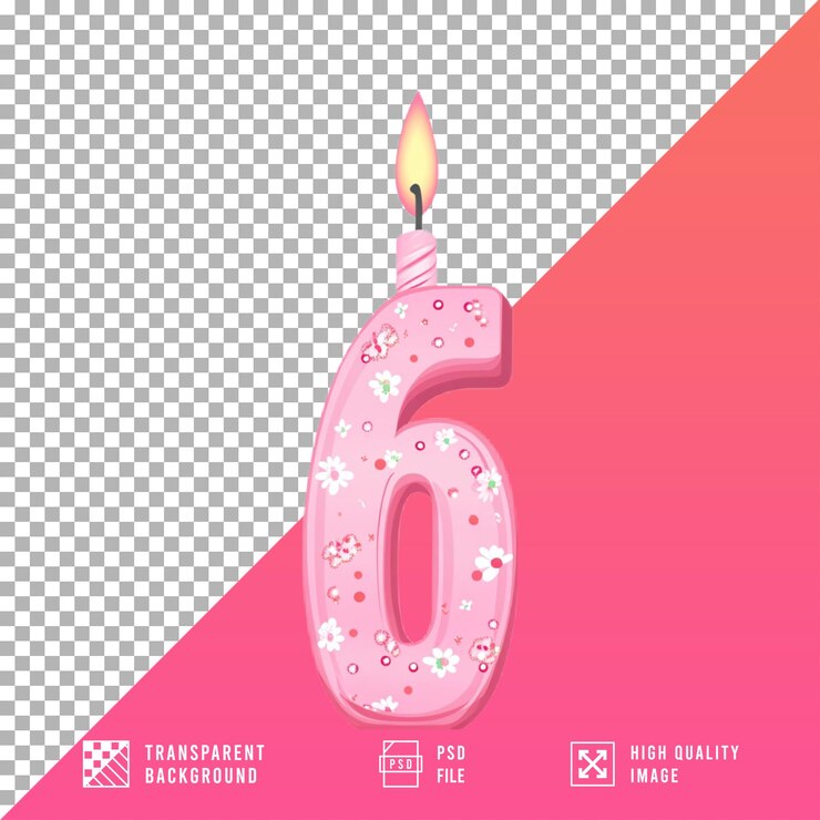 PSD vela de cumpleaños número 6 sobre un fondo transparente