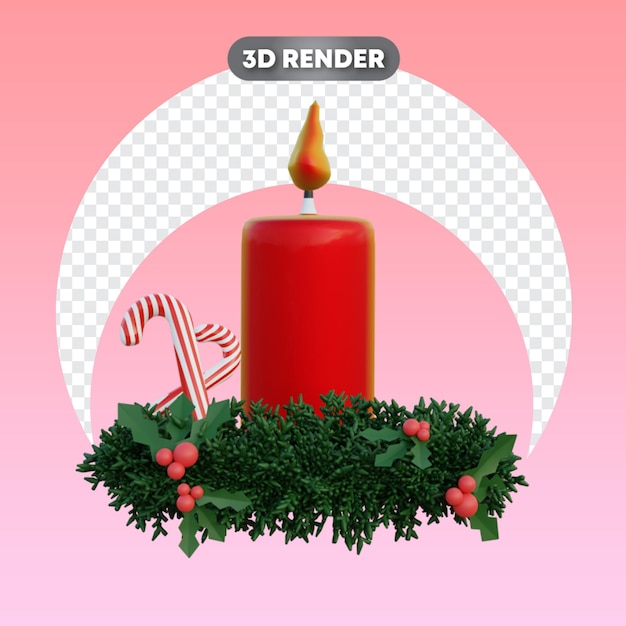 PSD vela vermelha de natal com guirlanda e objeto 3d de bengala de doces