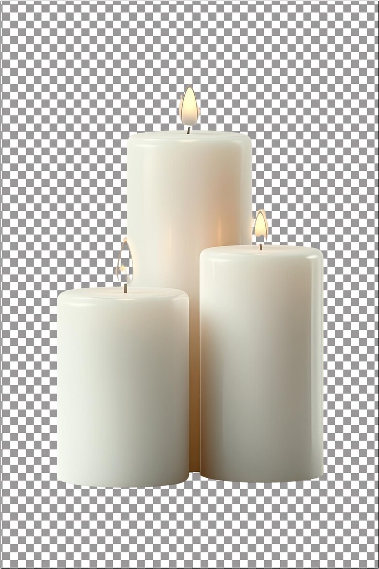 Velas blancas ardientes luz brillante suave hiperrealista blanco aislado plano transparente fondo