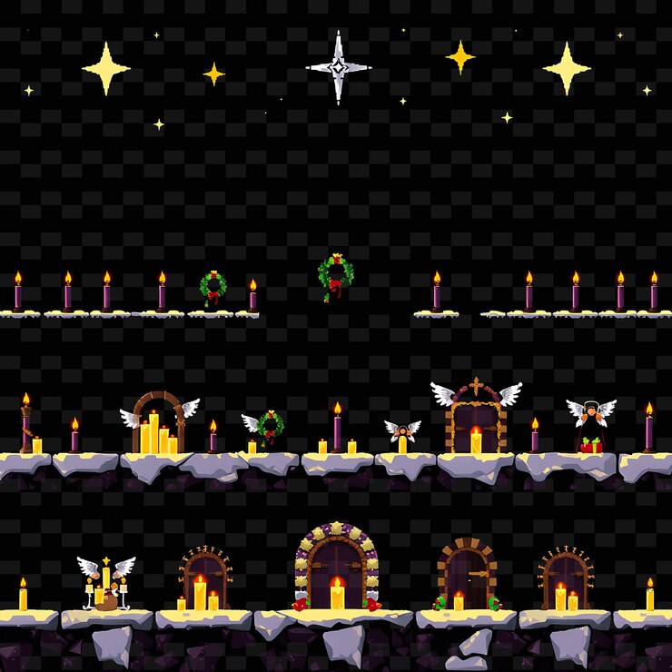 PSD las velas las coronas los ángeles las estrellas las velas parpadean con la luz cálida las coronas cuelgan de pi juego assetx