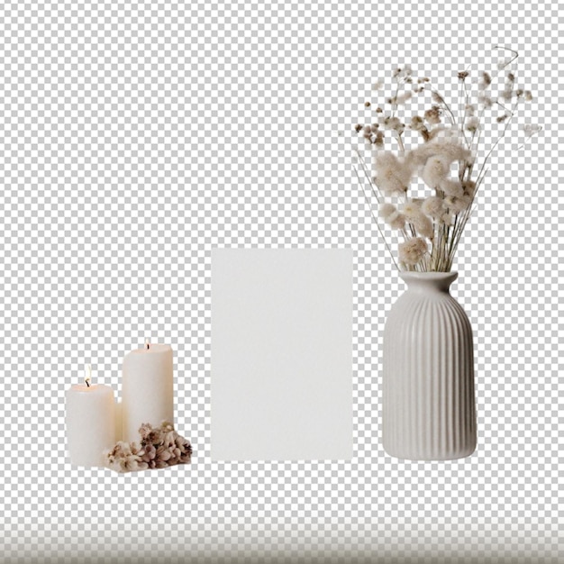 velas de cartão em branco e flores secas dispostas em uma prateleira branca contra uma parede branca isolada em