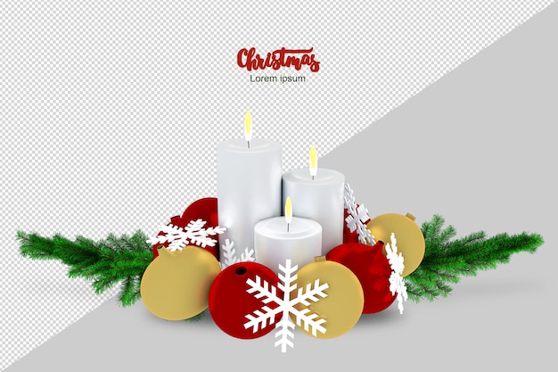 PSD velas de natal com brahches de pinheiro em renderização 3d isoladas