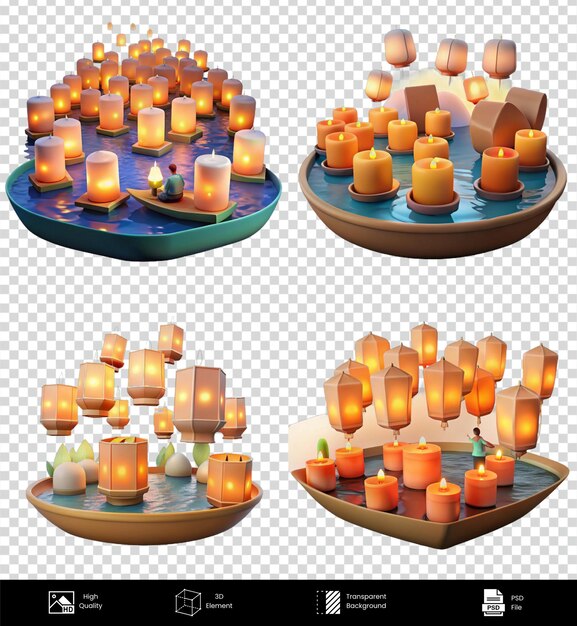 Velas flotantes linternas renderización 3D de alta calidad con fondo transparente