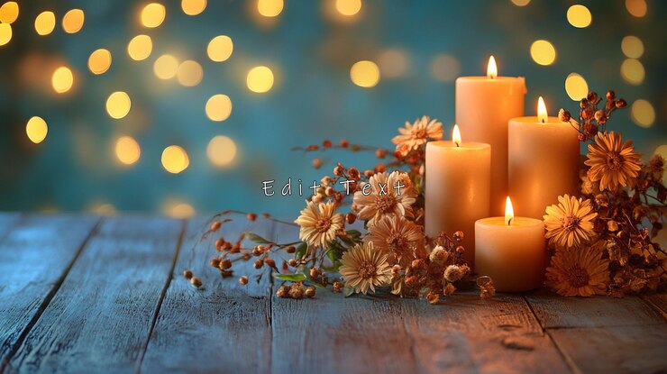 PSD velas iluminadas y flores de otoño en madera rústica