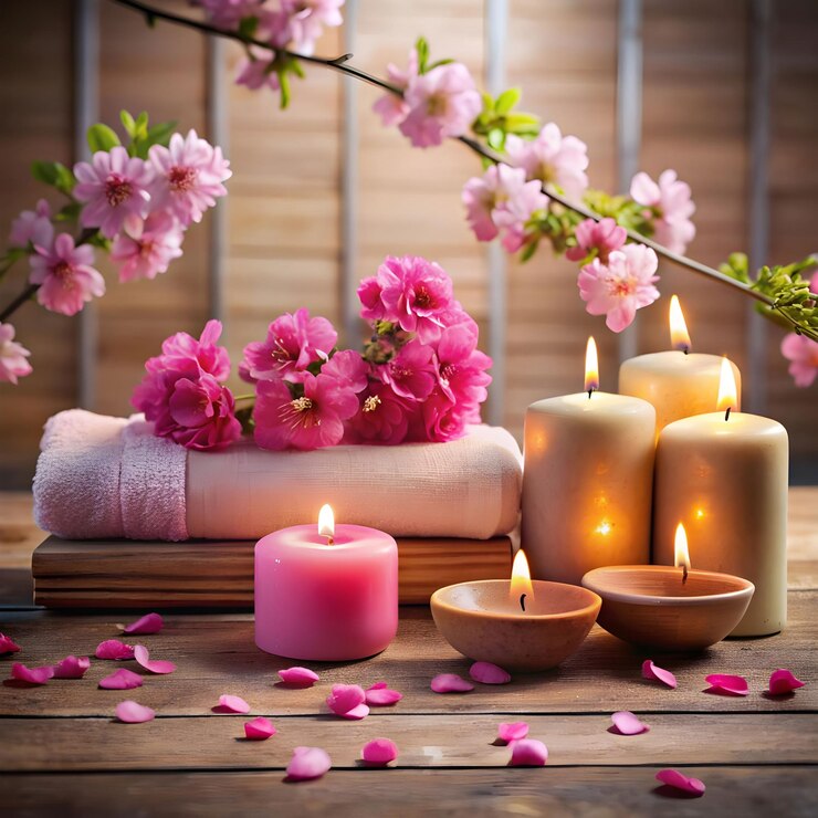 PSD velas rosas con flores rosas y piedras zen a bordo