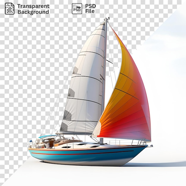 PSD velero transparente con vela naranja y roja y cielo blanco y azul que arroja una sombra oscura