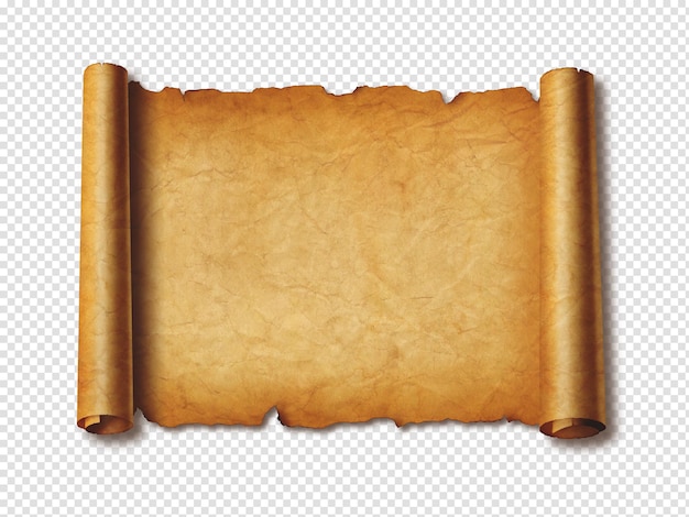 PSD velha folha de papel medieval rolo de pergaminho horizontal isolado em fundo branco com sombra