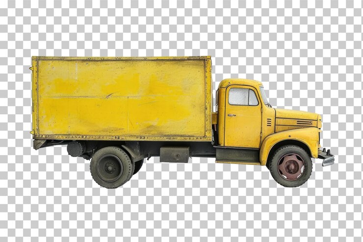 PSD velho caminhão amarelo antigo em fundo transparente