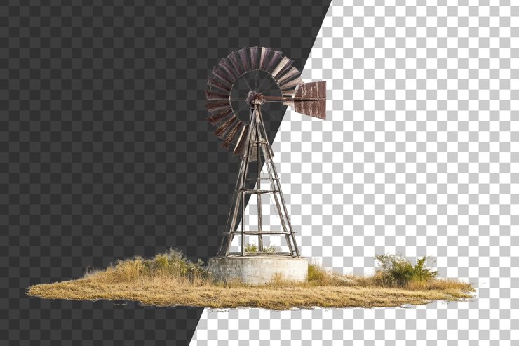 PSD velho moinho de vento cercado por grama seca em um dia claro na paisagem rural cortar stock png