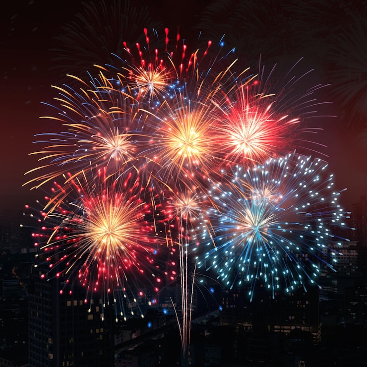 PSD se ven fuegos artificiales en el cielo nocturno sobre una ciudad.